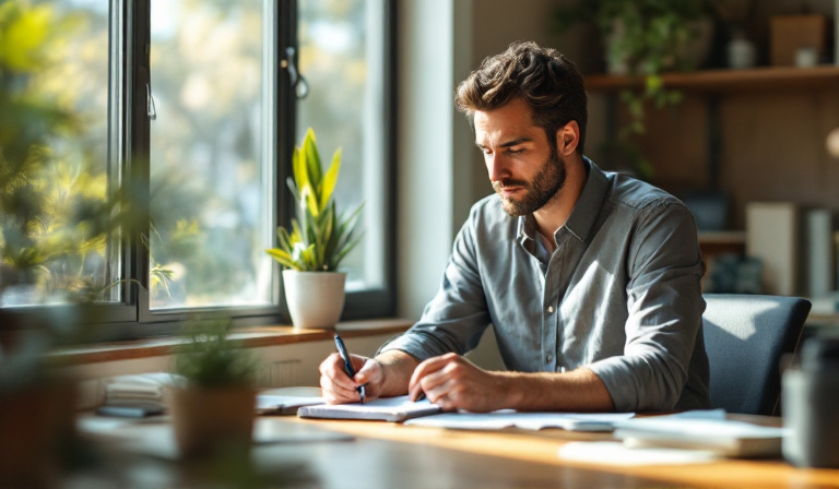 A Christian small business owner thoughtfully planning at a desk in warm light — building the seven Kingdom business pillars in practice