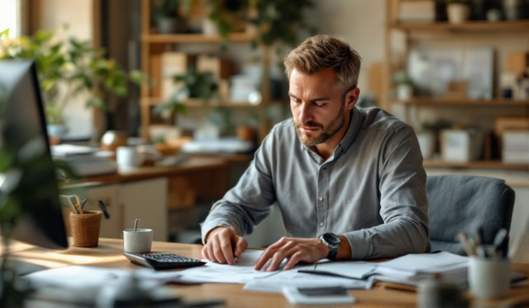 A Christian small business owner calmly reviewing a budget and the numbers at a desk, practising biblical financial stewardship in business