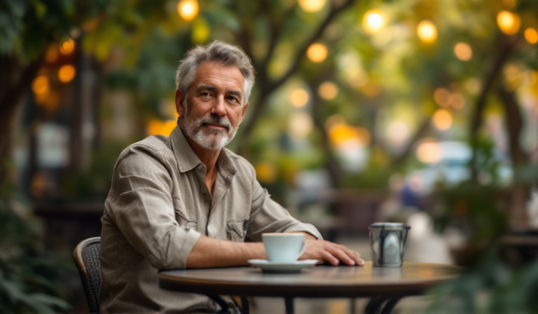 A business owner relaxing at a cafe, enjoying the freedom of a business that runs without owner involvement in daily operations