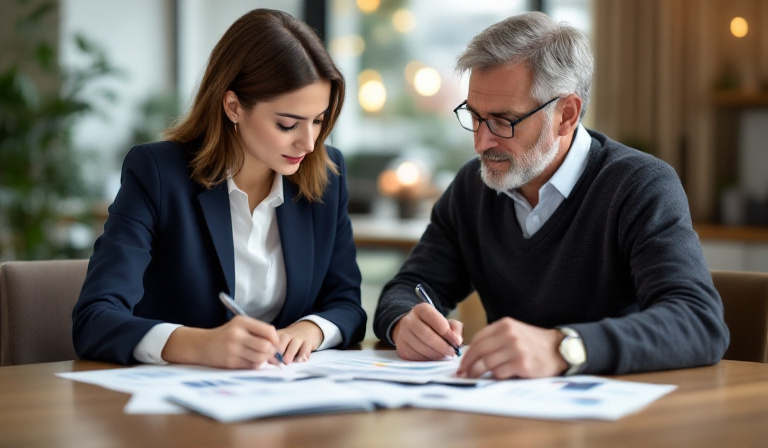 Two colleagues mapping out a cash flow forecasting small business plan together at a table