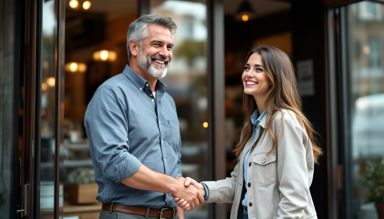 A genuine warm handshake between a small business owner and a satisfied customer outside a shopfront