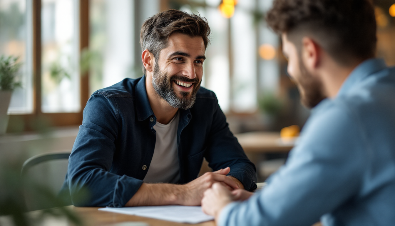 A business owner explaining pricing clearly and warmly to a client — honest, ethical marketing for a Christian business