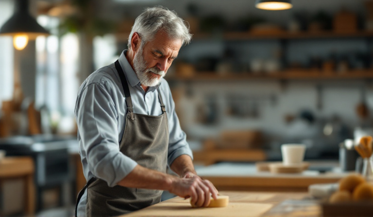 An older family business founder working alone at his bench, facing the hard task of letting go