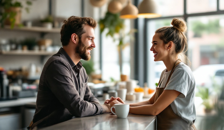 A small business owner sharing a warm, genuine thank-you moment with a happy customer at the counter of a Melbourne business