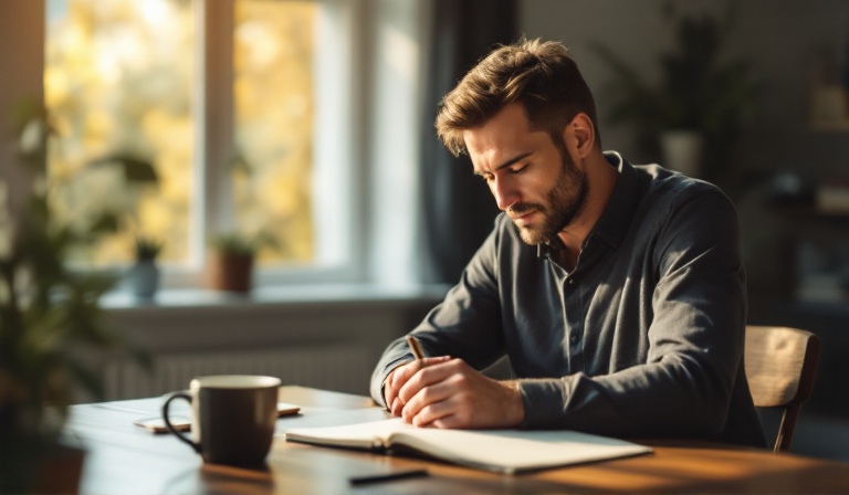 A Christian business owner in quiet prayer and reflection at the start of the day — hearing God's voice for business direction