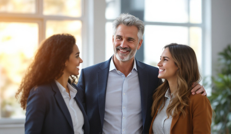 A Melbourne business owner leading a small team with warmth and genuine care in a bright workplace