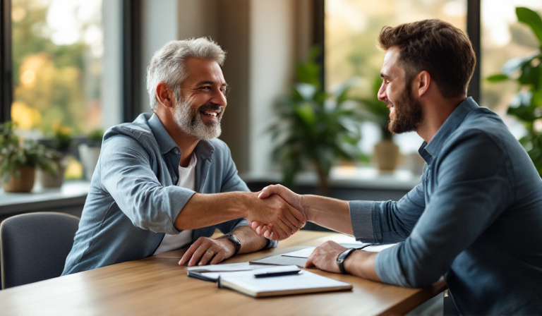 A Melbourne small business owner and a happy client shaking hands across a desk, sealing a fair and honest agreement