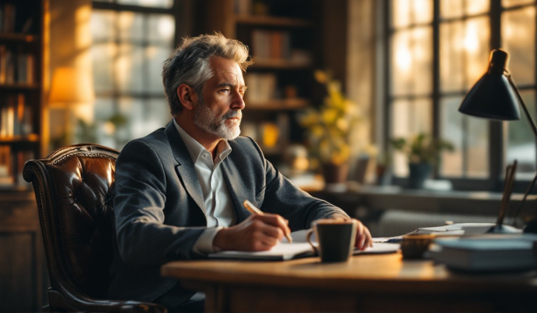 A Melbourne business owner reviewing the past year in quiet reflection with a notebook — prophetic business planning for 2026