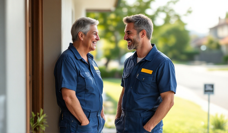 A tradesperson and a satisfied homeowner having a friendly conversation at the end of a completed job in a suburban Melbourne home