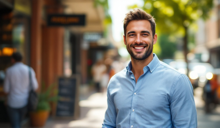A genuinely happy customer smiling on a Melbourne street — real satisfaction is where every referral marketing system for a small business begins