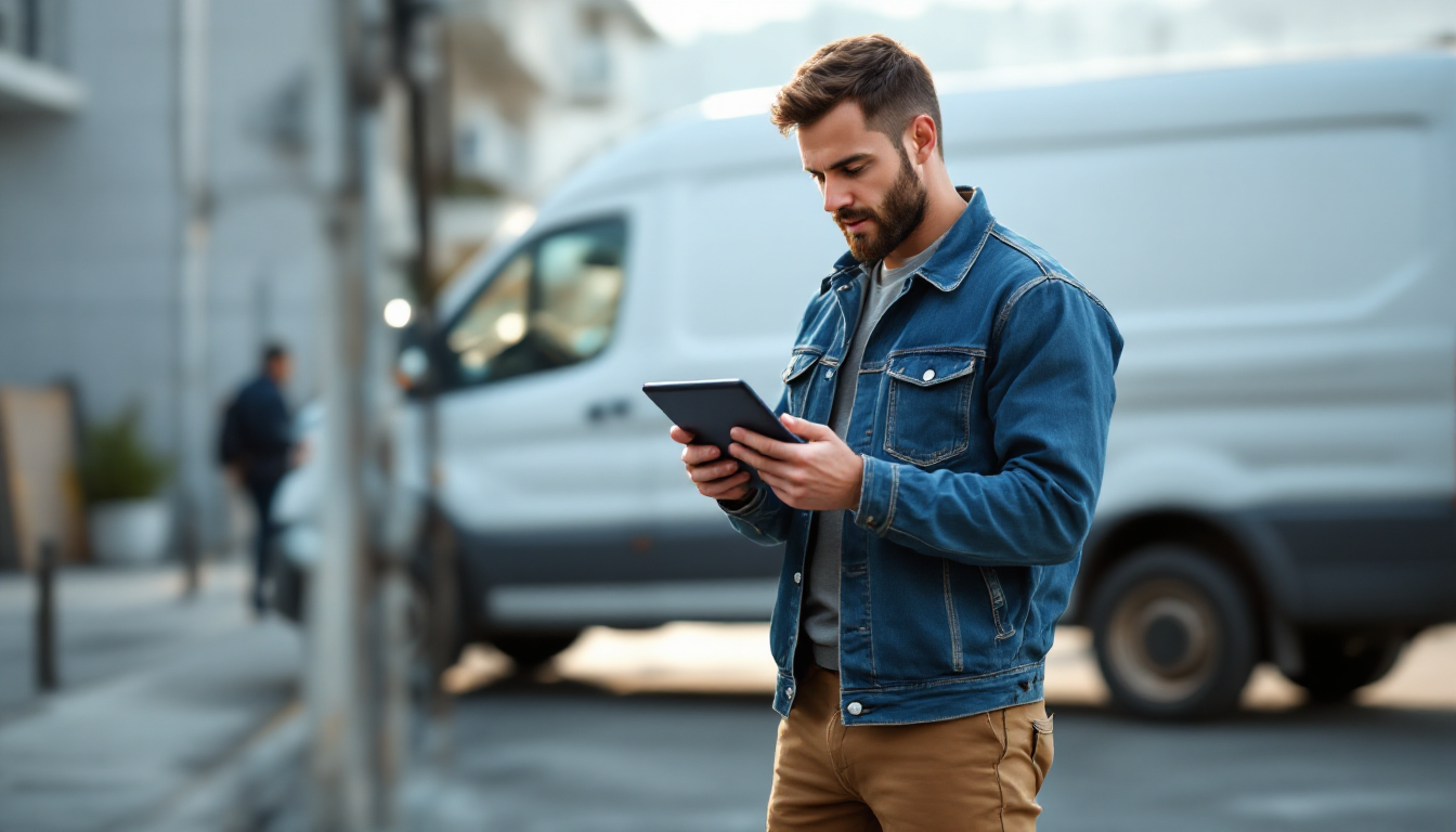 A tradesperson beside a work van checking a job-management app — small business software for Australian trades