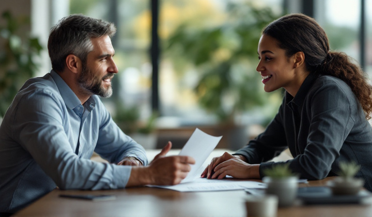 A professional business valuer explaining a small business valuation report to the owners across a meeting table