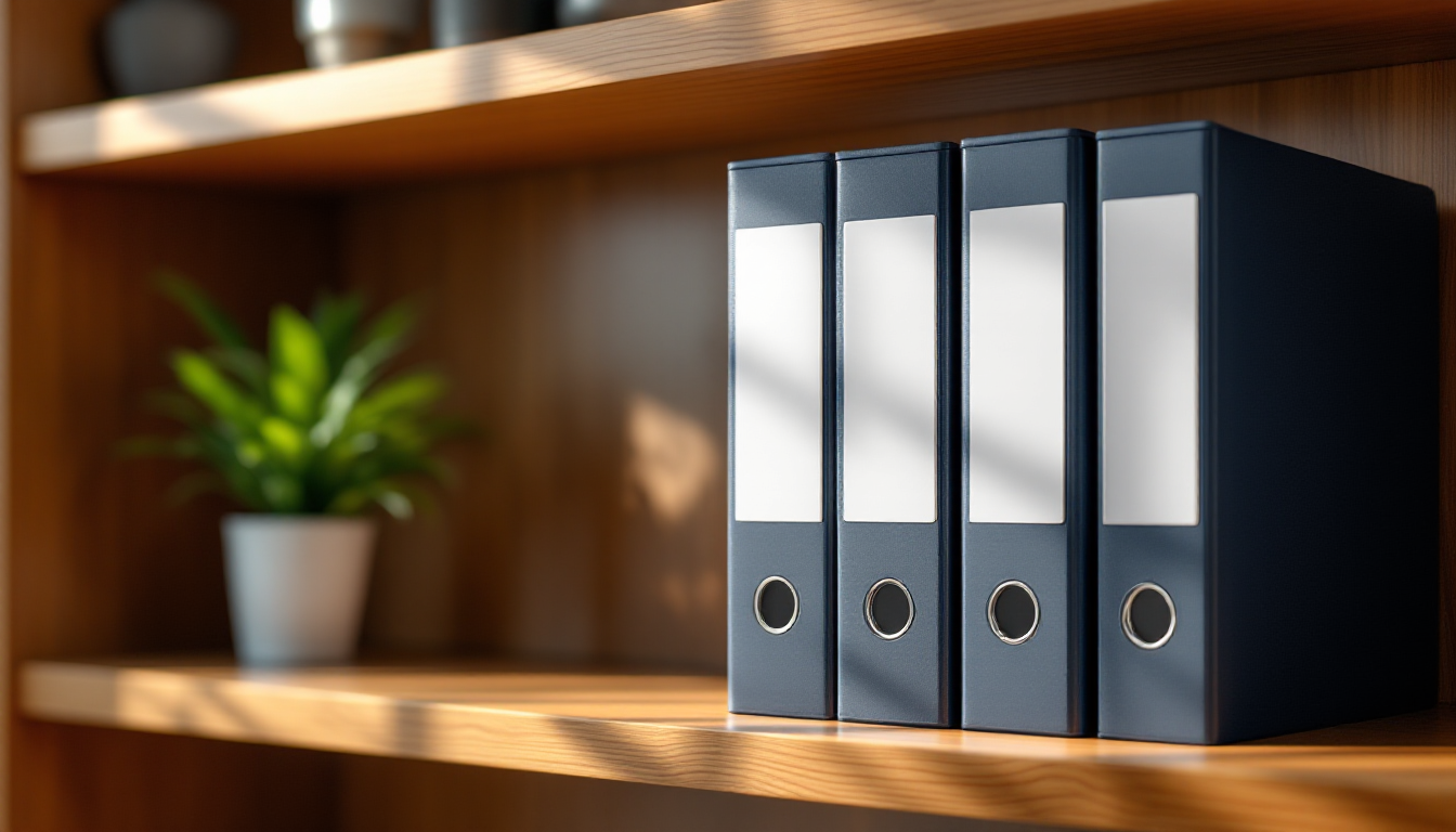 A neatly organised office shelf with labelled binders representing documented business procedures