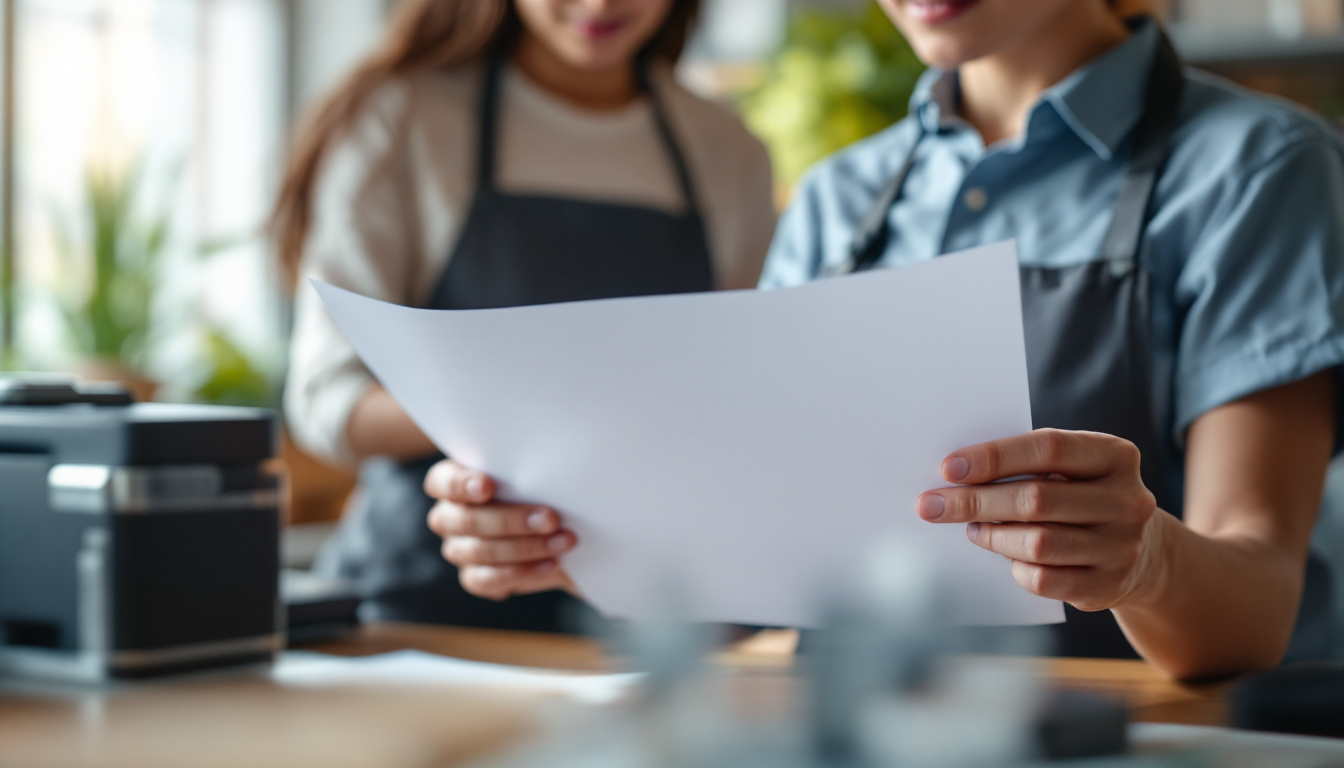 A new staff member following printed standard operating procedures at the counter — the kind a small business will actually use