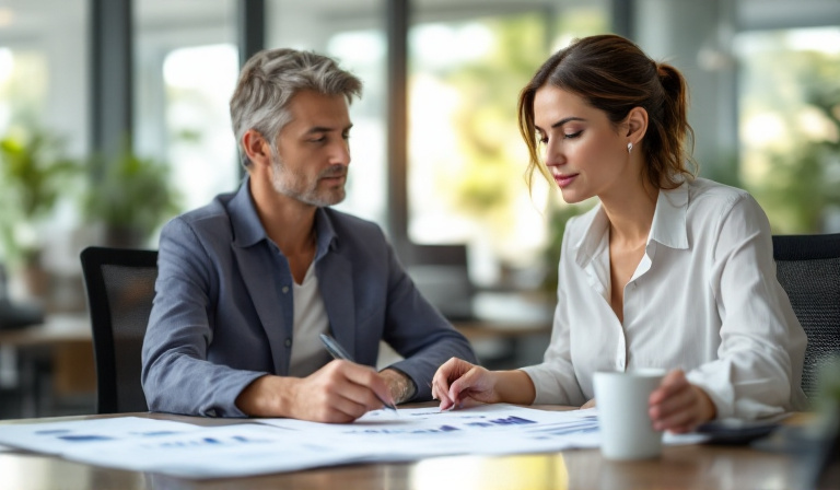 A Melbourne small business owner reviewing financial forecasts and printed charts at a desk — building a strategic plan for a small business