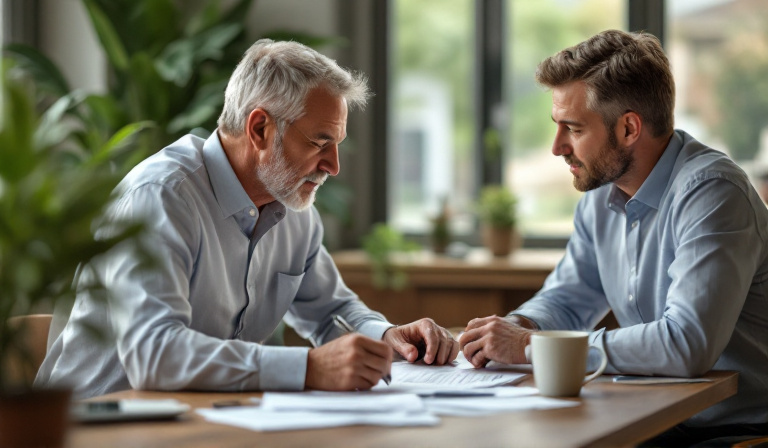 A small business owner and an advisor reviewing a written succession plan together at a table — succession planning small business Australia