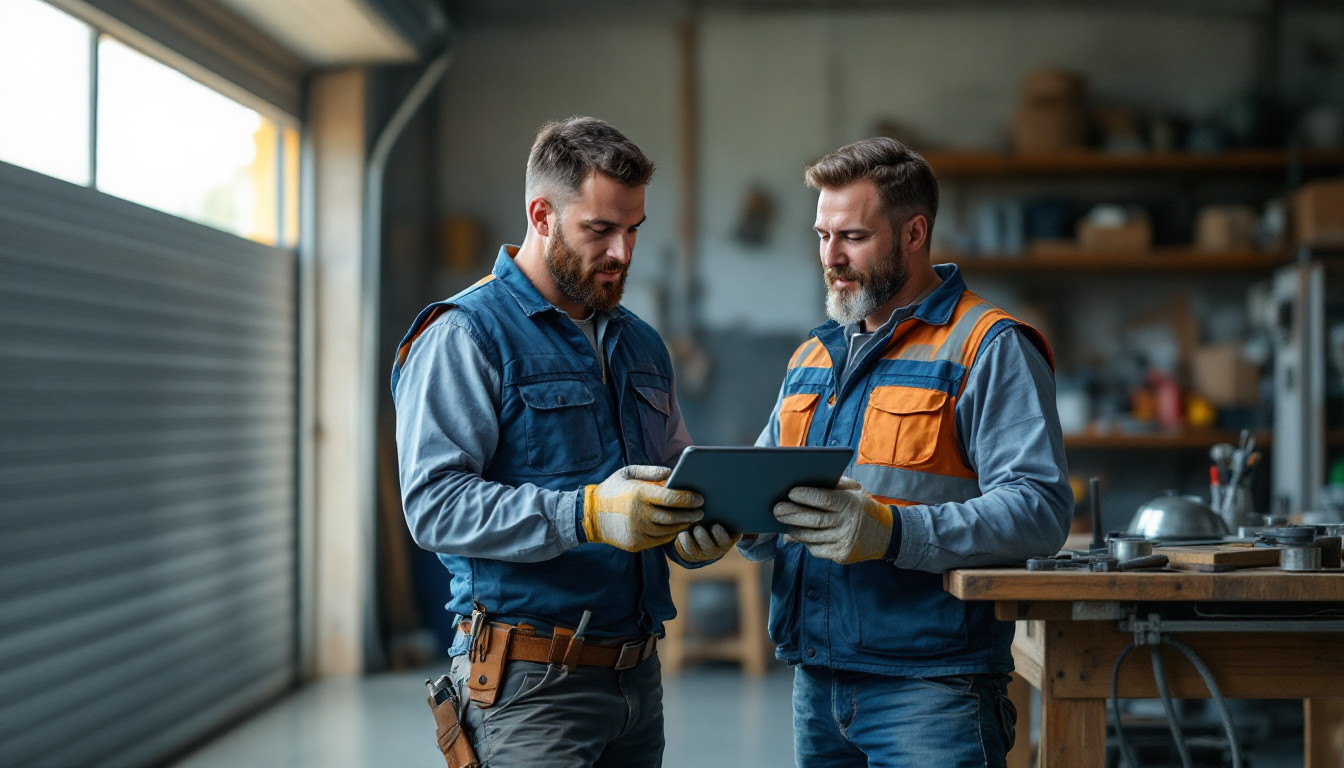Two tradespeople in a workshop reviewing a simple checklist together on a tablet