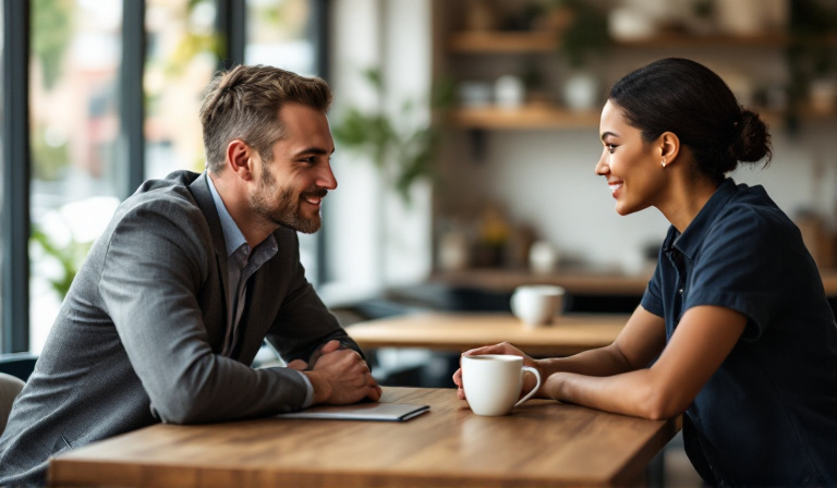 A Melbourne small business owner listening carefully to a potential customer's needs over coffee, asking questions rather than pitching