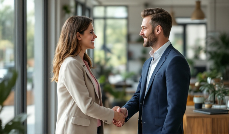 A Melbourne business owner and a happy new client shaking hands after a genuine, no-pressure conversation — turn enquiries into clients the honest way
